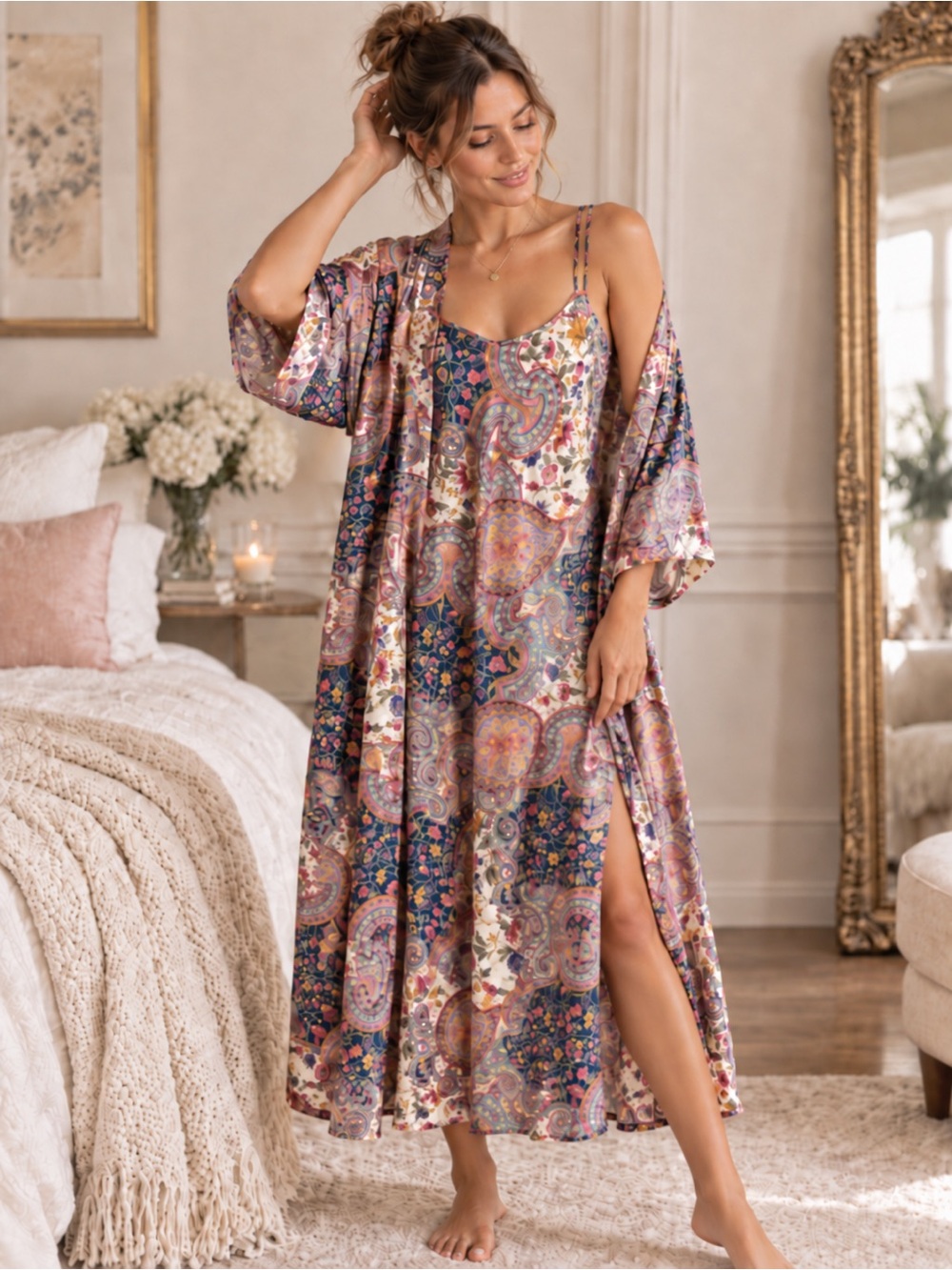 California Dynasty Paisley Nightgown & Matching Robe Set Vintage Lingerie
